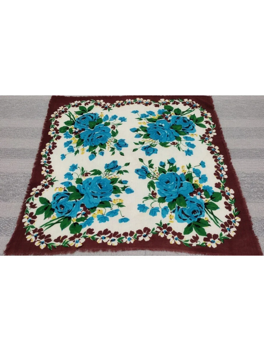 Vintage 1940s Turquoise Roses Cowboy Scarf 1950s Unisex Rockabilly Brown Rayon